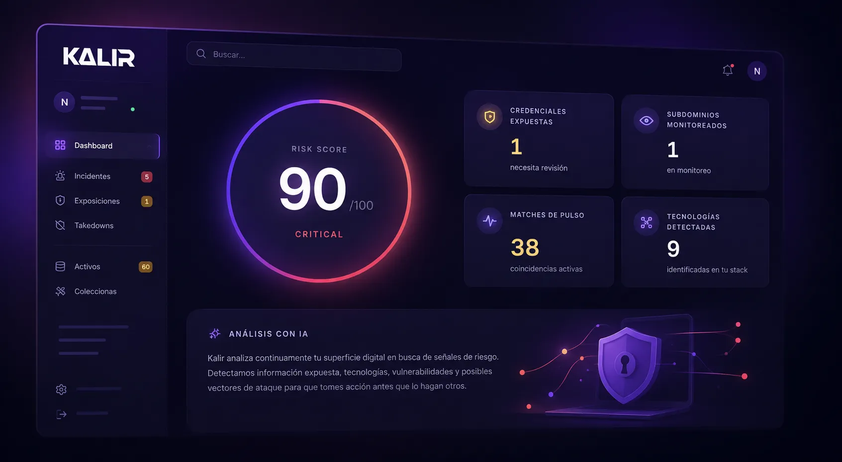 Panel de Kalir: puntaje de riesgo digital externo en 90 sobre 100 (crítico), con el detalle de credenciales expuestas, subdominios monitoreados, coincidencias de pulso y tecnologías detectadas en el organismo