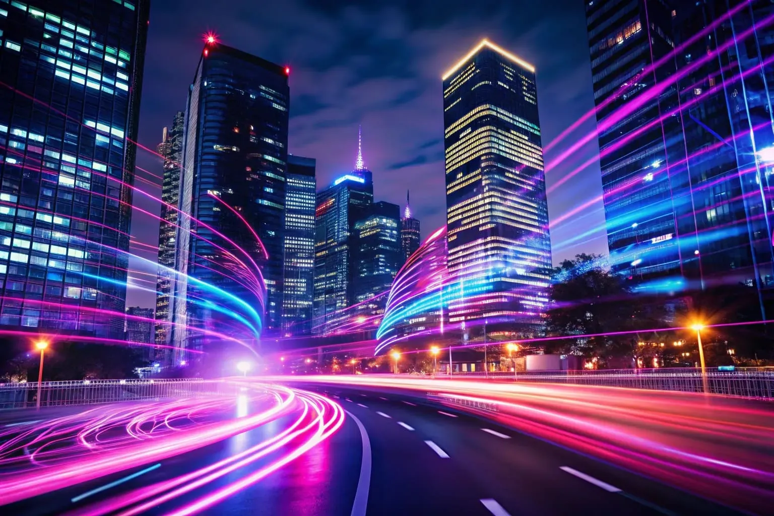 Ciudad nocturna con estelas de luz que representan datos en movimiento